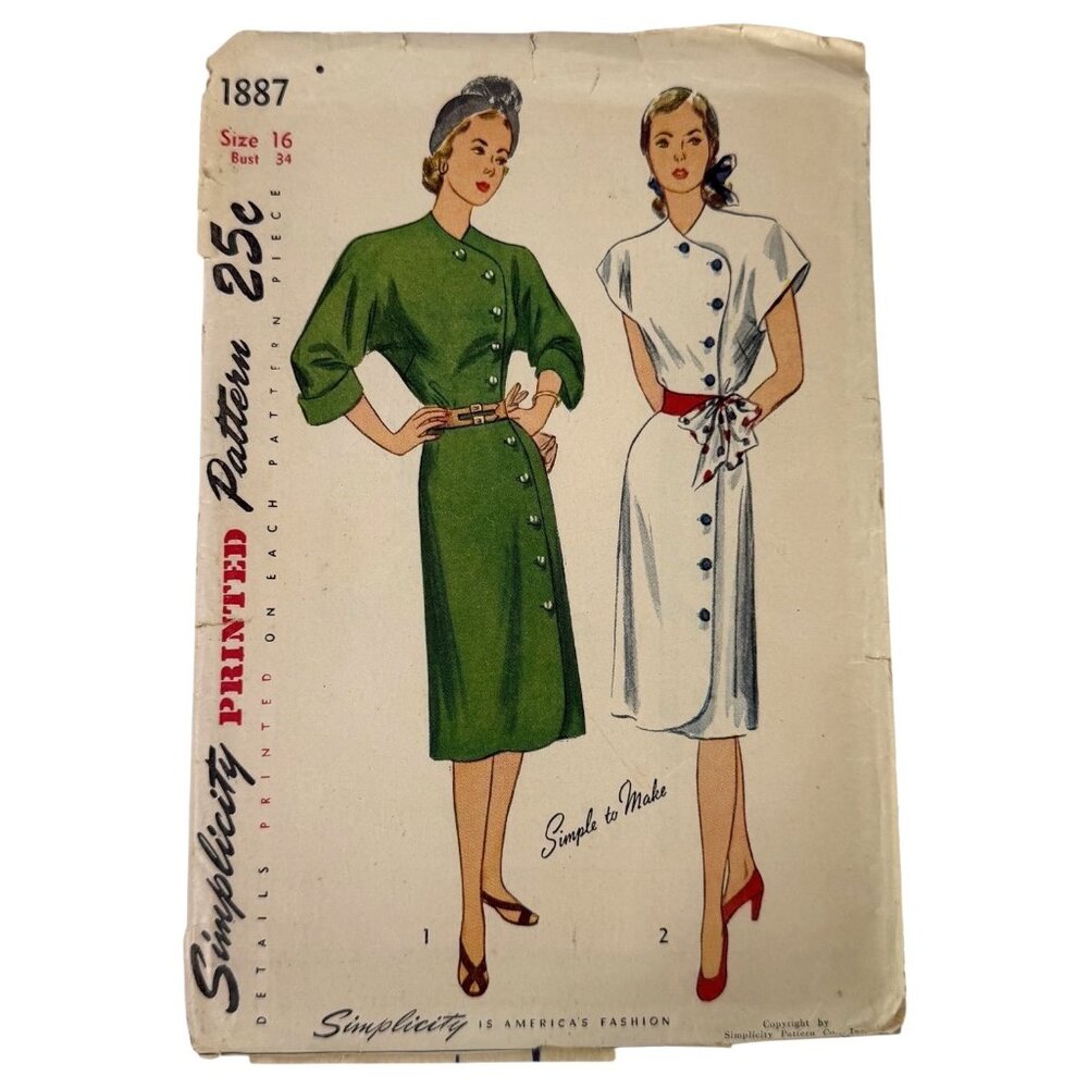 VTG 1946 Simplicity 1887‎ Sewing Pattern Shirtwaist Dress Size 16 Button Front